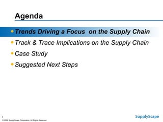 Agenda Trends Driving a Focus  on the Supply Chain Track & Trace Implications on the Supply Chain Case Study Suggested Next Steps 
