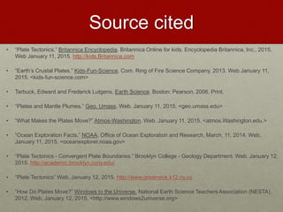 Source cited
• “Plate Tectonics.” Britannica Encyclopedia. Britannica Online for kids. Encyclopedia Britannica, Inc., 2015.
Web January 11, 2015. http://kids.Britannica.com
• “Earth’s Crustal Plates.” Kids-Fun-Science. Com. Ring of Fire Science Company, 2013. Web January 11,
2015. <kids-fun-science.com>
• Tarbuck, Edward and Frederick Lutgens. Earth Science. Boston: Pearson, 2006. Print.
• “Plates and Mantle Plumes.” Geo. Umass. Web. January 11, 2015. <geo.umass.edu>
• “What Makes the Plates Move?” Atmos-Washington. Web. January 11, 2015. <atmos.Washington.edu.>
• “Ocean Exploration Facts.” NOAA. Office of Ocean Exploration and Research, March, 11, 2014. Web.
January 11, 2015. <oceanexplorer.noaa.gov>
• “Plate Tectonics - Convergent Plate Boundaries.” Brooklyn College - Geology Department. Web. January 12,
2015. http://academic.brooklyn.cuny.edu/
• “Plate Tectonics” Web. January 12, 2015. http://www.greatneck.k12.ny.us
• “How Do Plates Move?” Windows to the Universe. National Earth Science Teachers Association (NESTA),
2012. Web. January 12, 2015. <http://www.windows2universe.org>
 