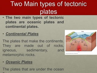 Two Main types of tectonic
plates
• The two main types of tectonic
plates are oceanic plates and
continental plates.
• Continental Plates
The plates that make the continents.
They are made out of rocks,
igneous, sedimentary, and
metamorphic rocks.
• Oceanic Plates
The plates that are under the ocean
 