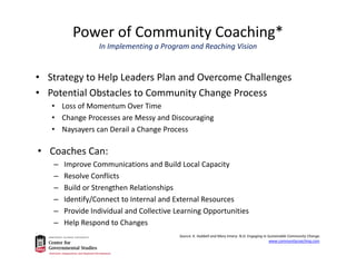 Power of Community Coaching*
In Implementing a Program and Reaching Vision
• Strategy to Help Leaders Plan and Overcome Challenges
• Potential Obstacles to Community Change Process
• Loss of Momentum Over Time
• Change Processes are Messy and Discouraging
• Naysayers can Derail a Change Process
• Coaches Can:
– Improve Communications and Build Local Capacity
– Resolve Conflicts
– Build or Strengthen Relationships
– Identify/Connect to Internal and External Resources
– Provide Individual and Collective Learning Opportunities
– Help Respond to Changes
Source: K. Hubbell and Mary Emery. N.D. Engaging in Sustainable Community Change.  
www.communitycoaching.com. 
 