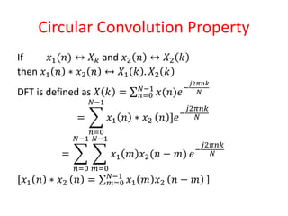 Circular Convolution Property
If 𝑥1(𝑛) ↔ 𝑋𝑘 and 𝑥2 𝑛 ↔ 𝑋2 𝑘
then 𝑥1 𝑛 ∗ 𝑥2 𝑛 ↔ 𝑋1 𝑘 . 𝑋2 𝑘
DFT is defined as 𝑋 𝑘 = 𝑛=0
𝑁−1
𝑥(𝑛)𝑒−
𝑗2𝜋𝑛𝑘
𝑁
=
𝑛=0
𝑁−1
𝑥1 𝑛 ∗ 𝑥2 𝑛 ]𝑒−
𝑗2𝜋𝑛𝑘
𝑁
=
𝑛=0
𝑁−1
𝑚=0
𝑁−1
𝑥1 𝑚 𝑥2(𝑛 − 𝑚) 𝑒−
𝑗2𝜋𝑛𝑘
𝑁
[𝑥1 𝑛 ∗ 𝑥2 𝑛 = 𝑚=0
𝑁−1
𝑥1 𝑚 𝑥2 𝑛 − 𝑚 ]
 