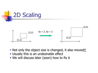 2D Scaling
(1,1)
(2,2) Sx = 2, Sy = 2
(2,2)
(4,4)
 Not only the object size is changed, it also moved!!
 Usually this is an undesirable effect
 We will discuss later (soon) how to fix it
 