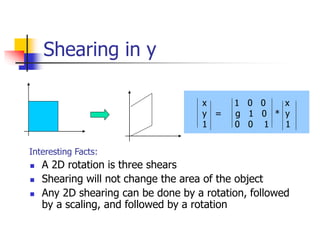 Shearing in y
x 1 0 0 x
y = g 1 0 * y
1 0 0 1 1
 A 2D rotation is three shears
 Shearing will not change the area of the object
 Any 2D shearing can be done by a rotation, followed
by a scaling, and followed by a rotation
Interesting Facts:
 