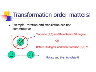 Transformation order matters!
 Example: rotation and translation are not
commutative
Translate (5,0) and then Rotate 60 degree
OR
Rotate 60 degree and then translate (5,0)??
Rotate and then translate !!
 