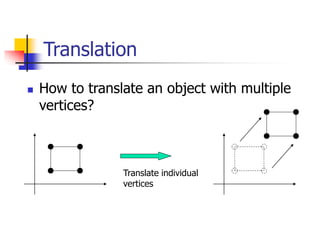 Translation
 How to translate an object with multiple
vertices?
Translate individual
vertices
 
