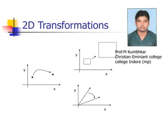 2D Transformations
x
y
x
y
x
y
Prof.M Kumbhkar
Christian Eminiant college
college Indore (mp)
 