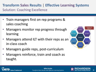 • Train managers first on rep programs &
sales coaching
• Managers monitor rep progress through
learning
• Managers attend...
