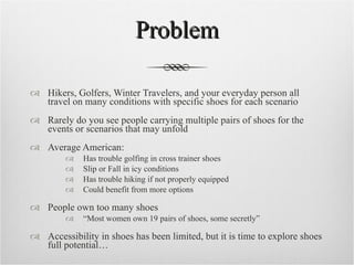 Problem Hikers, Golfers, Winter Travelers, and your everyday person all travel on many conditions with specific shoes for each scenario Rarely do you see people carrying multiple pairs of shoes for the events or scenarios that may unfold Average American: Has trouble golfing in cross trainer shoes Slip or Fall in icy conditions Has trouble hiking if not properly equipped Could benefit from more options  People own too many shoes “ Most women own 19 pairs of shoes, some secretly” Accessibility in shoes has been limited, but it is time to explore shoes full potential… 