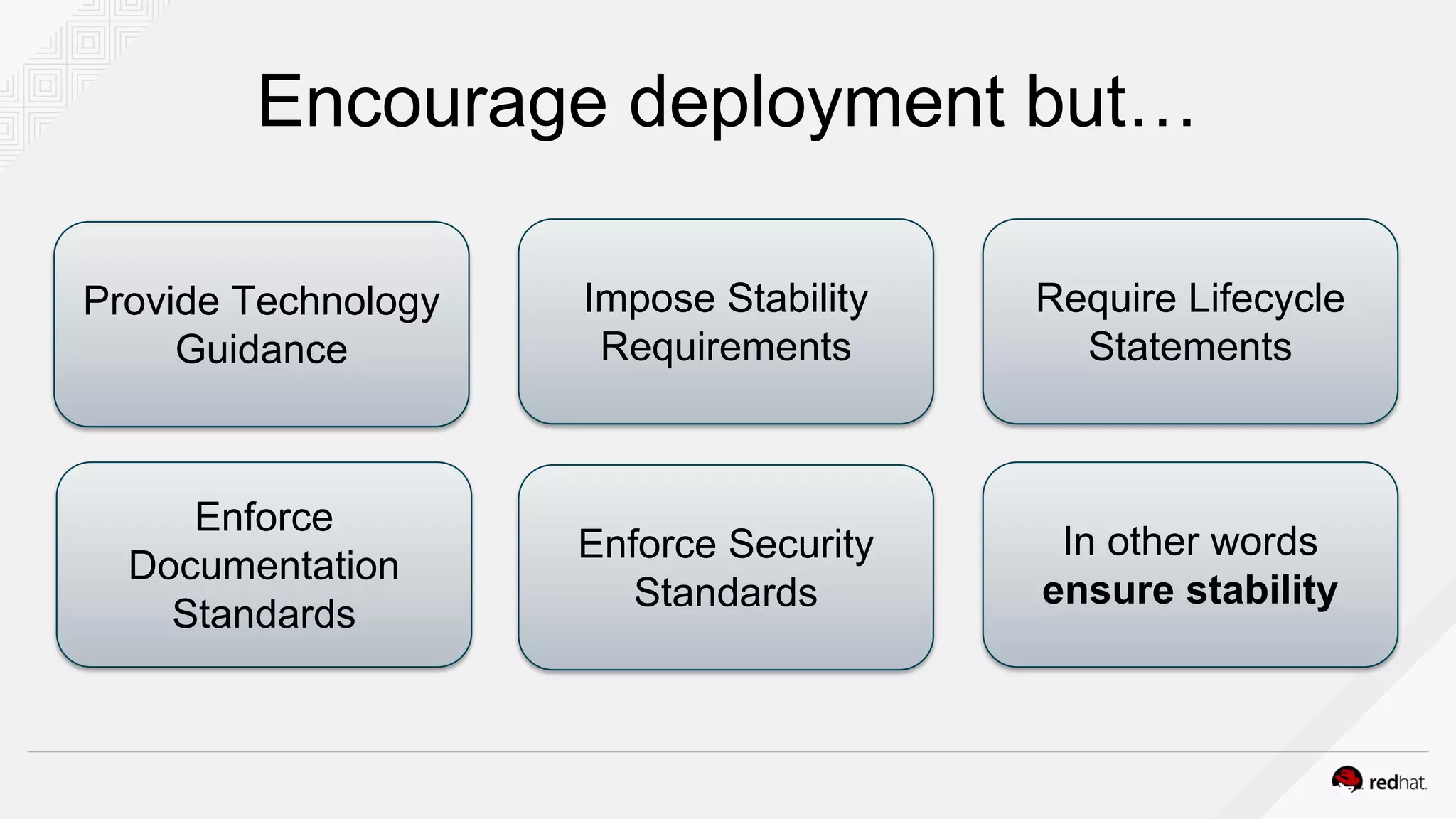 Encourage deployment but…
Provide Technology
Guidance
Impose Stability
Requirements
Require Lifecycle
Statements
Enforce
Documentation
Standards
Enforce Security
Standards
In other words
ensure stability
 