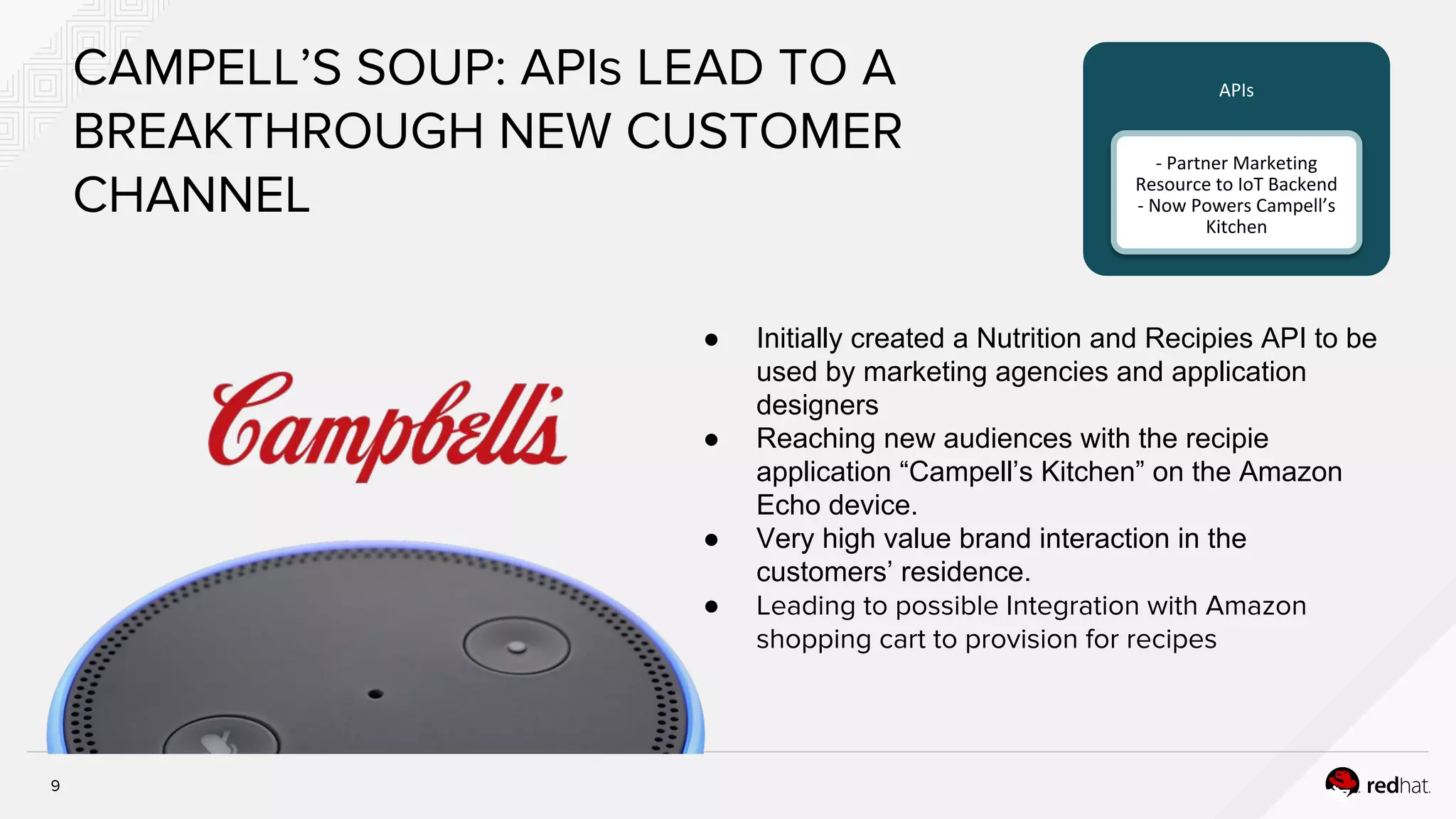 9
CAMPELL’S SOUP: APIs LEAD TO A
BREAKTHROUGH NEW CUSTOMER
CHANNEL
● Initially created a Nutrition and Recipies API to be
used by marketing agencies and application
designers
● Reaching new audiences with the recipie
application “Campell’s Kitchen” on the Amazon
Echo device.
● Very high value brand interaction in the
customers’ residence.
● Leading to possible Integration with Amazon
shopping cart to provision for recipes
APIs
- Partner Marketing
Resource to IoT Backend
- Now Powers Campell’s
Kitchen
 