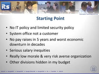 Starting Point
          • No IT policy and limited security policy
          • System office not a customer
          • No pay raises in 5 years and worst economic
            downturn in decades
          • Serious salary inequities
          • Really low morale & very risk averse organization
          • Other divisions hidden in my budget

GALILEO    GeorgiaBEST   GeorgiaFIRST   Georgia ONmyLINE   GeorgiaVIEW   GIL   PeachNet   USG123
 