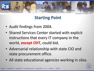 Starting Point
          • Audit findings from 2004.
          • Shared Services Center started with explicit
            instructions that every IT company in the
            world, except OIIT, could bid.
          • Adversarial relationship with state CIO and
            state procurement office.
          • All state educational agencies working in silos.
GALILEO    GeorgiaBEST   GeorgiaFIRST   Georgia ONmyLINE   GeorgiaVIEW   GIL   PeachNet   USG123
 