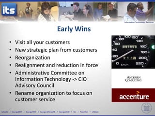 Early Wins
          • Visit all your customers
          • New strategic plan from customers
          • Reorganization
          • Realignment and reduction in force
          • Administrative Committee on
            Information Technology -> CIO
            Advisory Council
          • Rename organization to focus on
            customer service
GALILEO       GeorgiaBEST   GeorgiaFIRST   Georgia ONmyLINE   GeorgiaVIEW   GIL   PeachNet   USG123
 