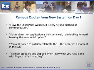 Campus Quotes from New System on Day 1

          • "I love the SharePoint website, it is very helpful method of
            communication."

          • "Data submission application is built very well, I am looking forward
            to using the error relief option.“

          • “You really need to publicly celebrate this – this deserves a moment
            in the sun”

          •      “I almost stood up and clapped when I saw what you have done
                 with Cognos: this is amazing”


GALILEO       GeorgiaBEST   GeorgiaFIRST   Georgia ONmyLINE   GeorgiaVIEW   GIL   PeachNet   USG123
 