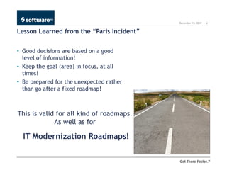 December 13, 2012 | 6


Lesson Learned from the “Paris Incident”


• Good decisions are based on a good
  level of information!
• Keep the goal (area) in focus, at all
  times!
• Be prepared for the unexpected rather
  than go after a fixed roadmap!



This is valid for all kind of roadmaps.
             As well as for

  IT Modernization Roadmaps!
 