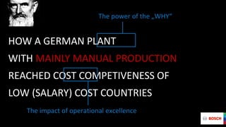 HOW A GERMAN PLANT
WITH MAINLY MANUAL PRODUCTION
REACHED COST COMPETIVENESS OF
LOW (SALARY) COST COUNTRIES
The power of the „WHY“
The impact of operational excellence
 