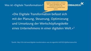 Was ist «Digitale Transformation»?
«Die Digitale Transformation befasst sich
mit der Planung, Steuerung, Optimierung
und Umsetzung der Wertschöpfungskette
eines Unternehmens in einer digitalen Welt.»1
1Quelle: http://t3n.de/news/digitale-transformation-was-ist-eigentlich-601023/@MarioJanschitz
Digitale Transformation, Industrie
4.0, Future Workplace etc. sind
Stichworte, die für alle
Unternehmen ein zentrale Rolle
spielen.
 