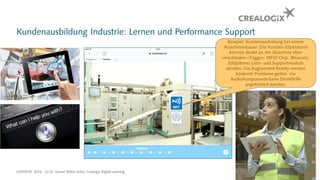 Kundenausbildung Industrie: Lernen und Performance Support
LEARNTEC 2016 - (c) Dr. Daniel Stoller-Schai, Crealogix Digital Learning 21
Beispiel: Kundenausbildung bei einem
Maschinenbauer. Die Kunden (Operators)
können direkt an der Maschine über
verschieden «Trigger» (RFID Chip, iBeacons,
Eddystone) Lern- und Supportmodule
abrufen. Via Augmented Reality werden
konkrete Probleme gelöst. Via
Audiokomponente kann Direkthilfe
angefordert werden.
 