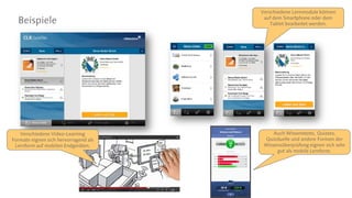 Beispiele
Verschiedene Lernmodule können
auf dem Smartphone oder dem
Tablet bearbeitet werden.
Verschiedene Video-Learning
Formate eignen sich hervorragend als
Lernform auf mobilen Endgeräten.
Auch Wissenstests, Quizzes,
Quizduelle und andere Formen der
Wissensüberprüfung eignen sich sehr
gut als mobile Lernform.
 
