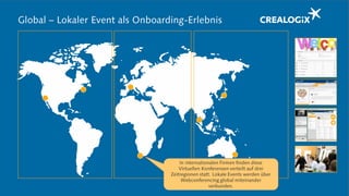 Global – Lokaler Event als Onboarding-Erlebnis
In internationalen Firmen finden diese
Virtuellen Konferenzen verteilt auf drei
Zeitregionen statt. Lokale Events werden über
Webconferencing global miteinander
verbunden.
 