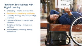Transform You Business with
Digital Learning
• Onboarding – Involve your new hires
• Gamification – Engage your employees
• Leadership Training – Empower your high
potentials
• Customer Education – Convince your
customers
• Compliance Training – Instruct your
workforce
• Mobile Learning – Multiply learning
opportunities
 