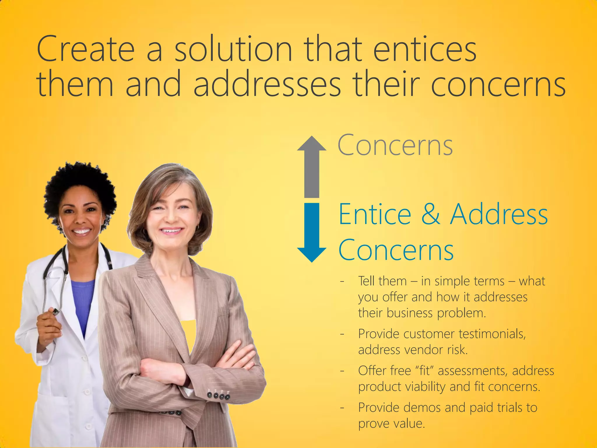 Create a solution that entices
them and addresses their concerns
                  Concerns

                  Entice & Address
                  Concerns
                  -   Tell them – in simple terms – what
                      you offer and how it addresses
                      their business problem.
                  -   Provide customer testimonials,
                      address vendor risk.
                  -   Offer free “fit” assessments, address
                      product viability and fit concerns.
                  -   Provide demos and paid trials to
                      prove value.
 