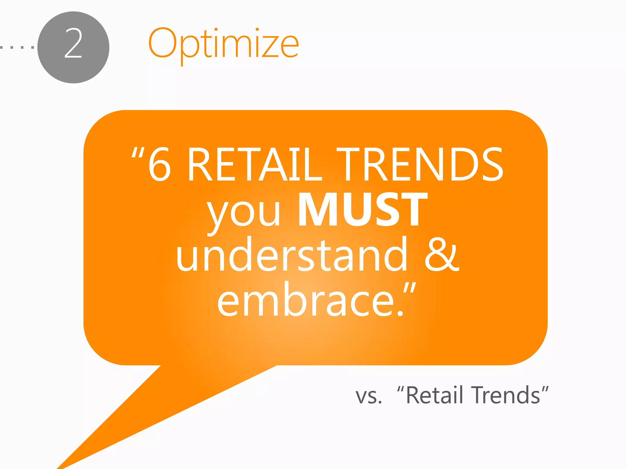 2   Optimize

    “6 RETAIL TRENDS
        you MUST
      understand &
        embrace.”
               vs. “Retail Trends”
 