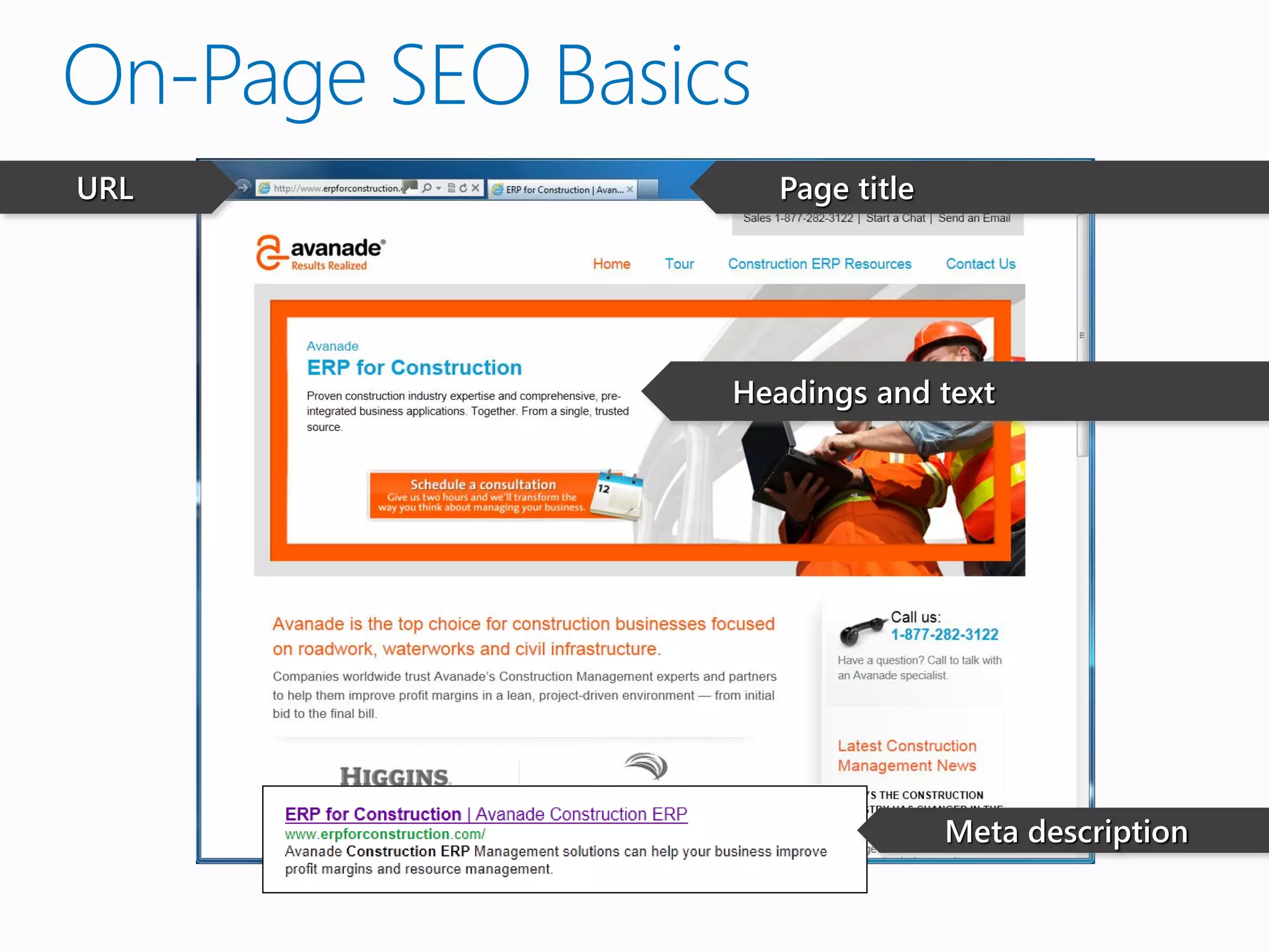 On-Page SEO Basics
URL                  Page title




                 Headings and text




                                  Meta description
 