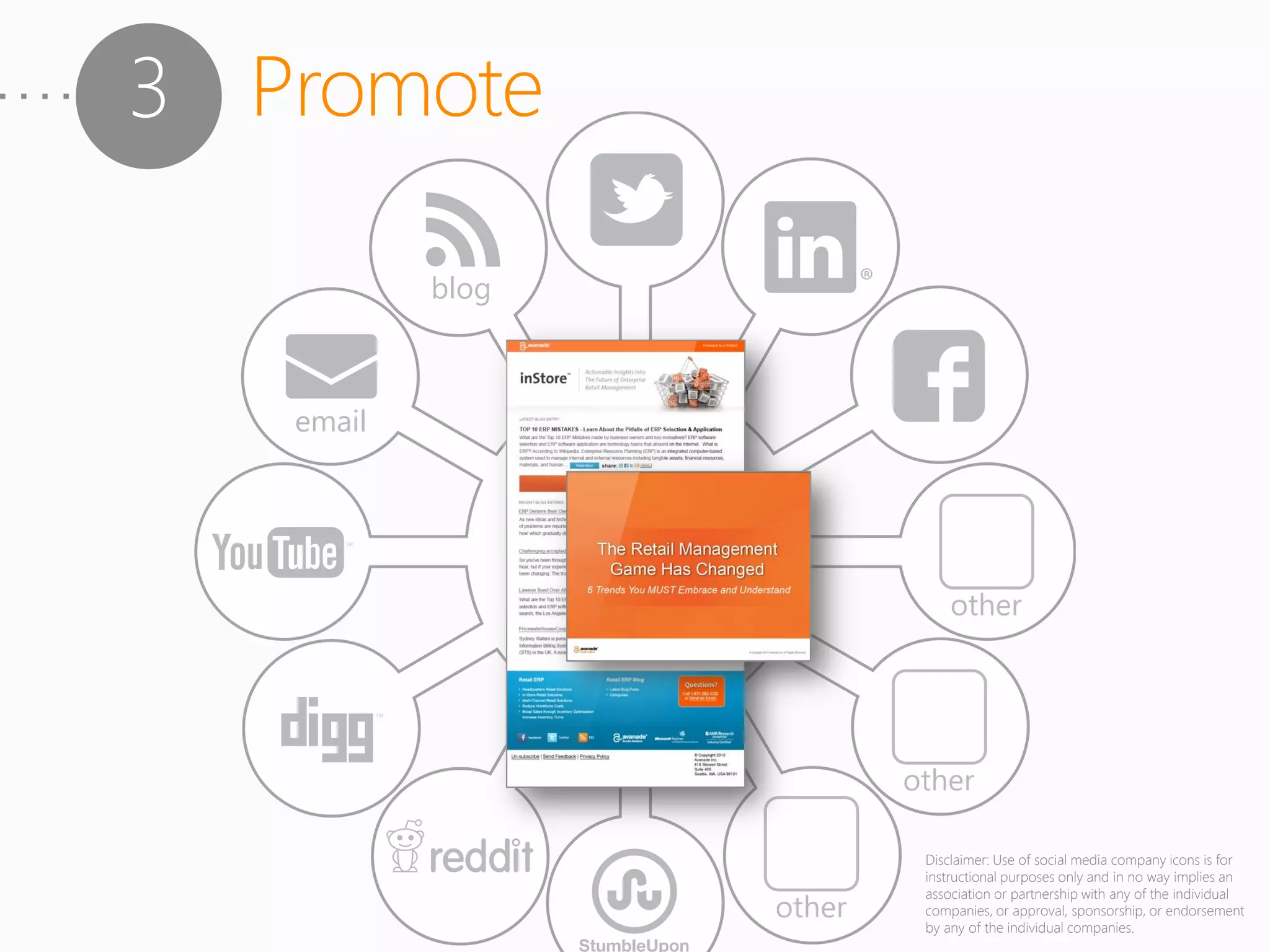 3 Promote




            Disclaimer: Use of social media company icons is for
            instructional purposes only and in no way implies an
            association or partnership with any of the individual
            companies, or approval, sponsorship, or endorsement
            by any of the individual companies.
 