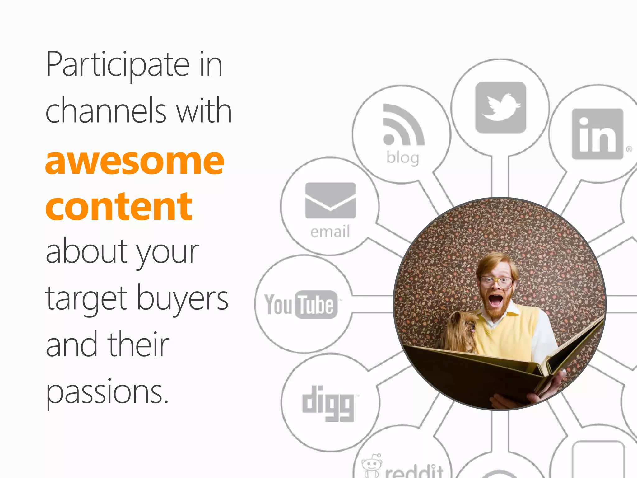 Participate in
channels with
awesome
content
about your
target buyers
and their
passions.
 