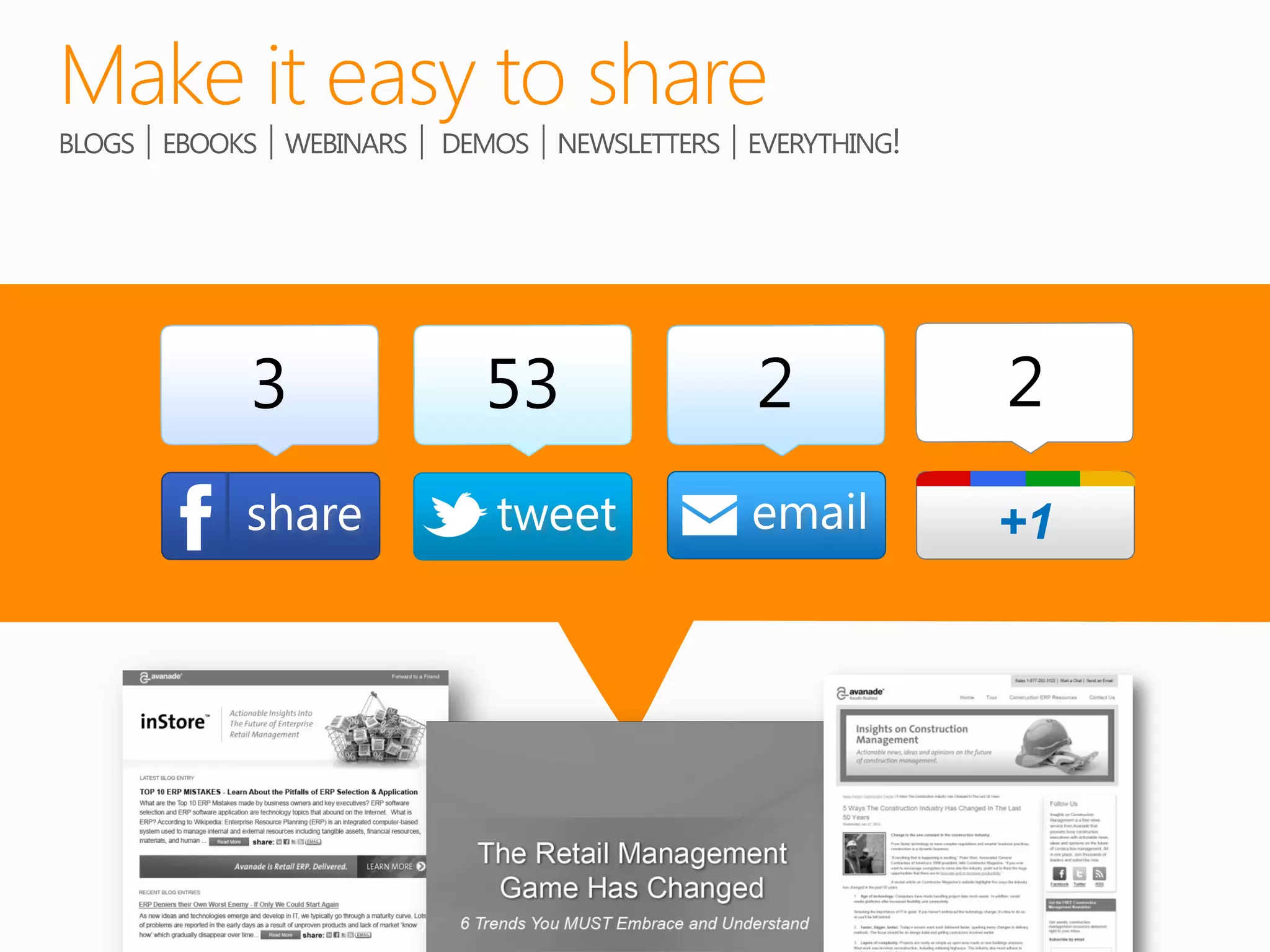 Make it easy to share
BLOGS │ EBOOKS │ WEBINARS │ DEMOS │ NEWSLETTERS │ EVERYTHING!




             3                53                  2             2
             share             tweet              email         +1
 