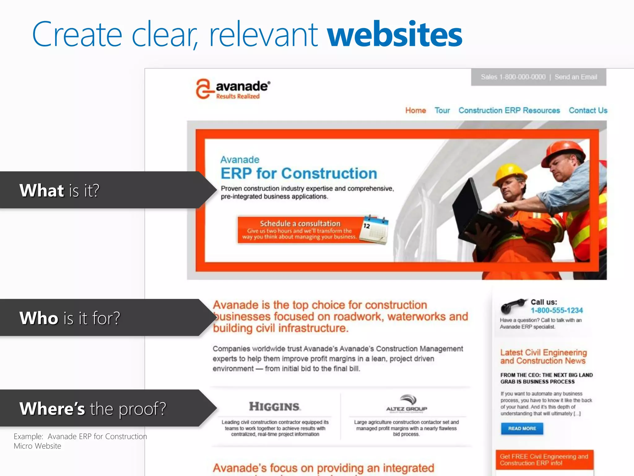 Create clear, relevant websites



 What is it?




 Who is it for?




 Where’s the proof?
Example: Avanade ERP for Construction
Micro Website
 