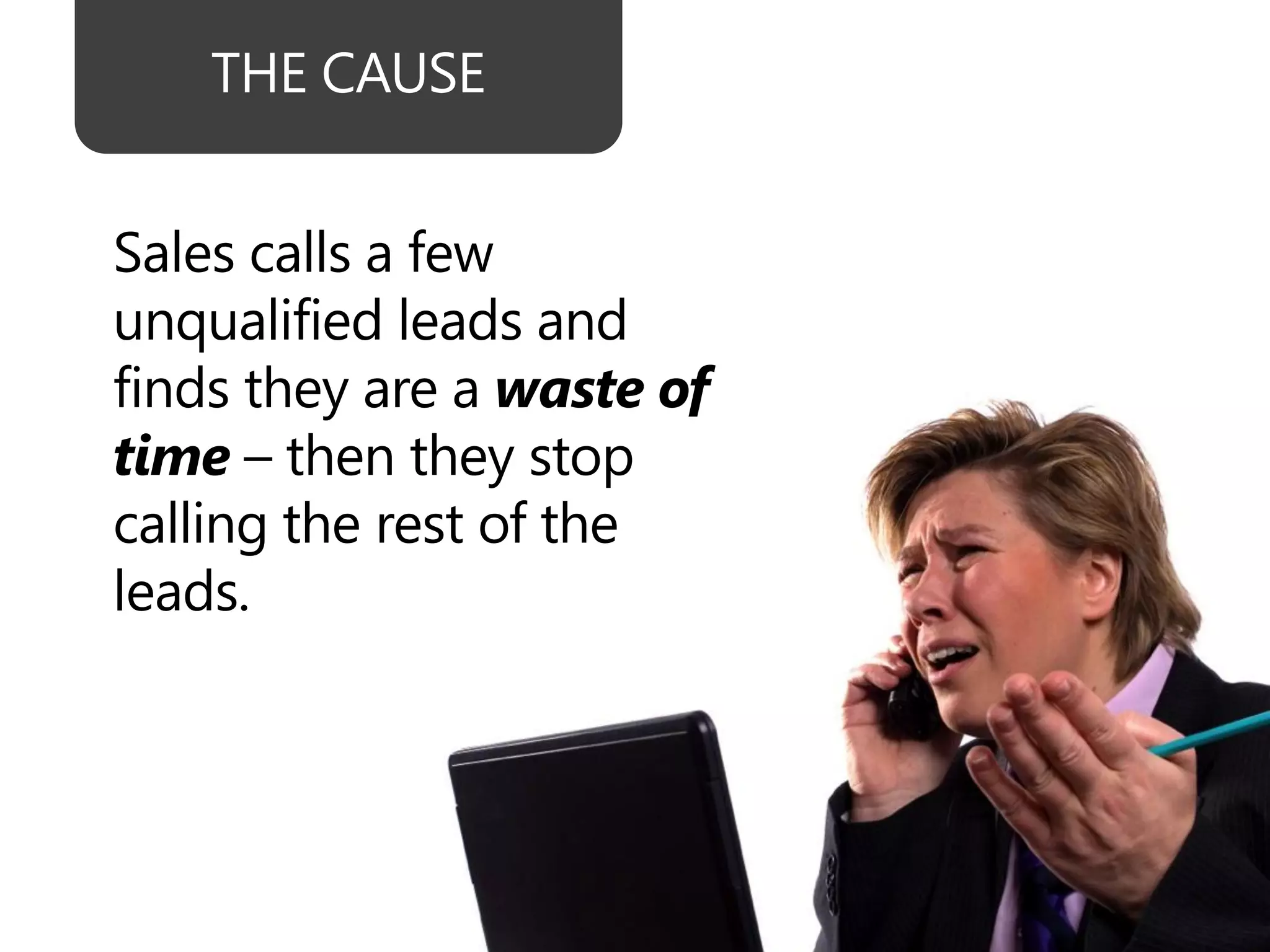 Sales calls a few
unqualified leads and
finds they are a waste of
time – then they stop
calling the rest of the
leads.
 