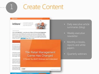 1   Create Content

                     • Daily executive article
                       summaries (blog)

                     • Weekly executive
                       newsletter

                     • Monthly e-books,
                       reports and white
                       papers

                     • Quarterly webinars
 