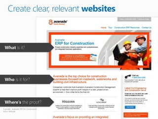 Create clear, relevant websites



 What is it?




 Who is it for?




 Where’s the proof?
Example: Avanade ERP for Construction
Micro Website
 