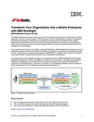 Transform Your Organization into a Mobile Enterprise with IBM Worklight 1
®
Transform Your Organization into a Mobile Enterprise
with IBM Worklight
IBM Redbooks Solution Guide
This IBM® Redbooks® Solution Guide focuses on the business transformation to mobile devices. Mobile
applications are not a luxury anymore. Providing apps to connect immediately to customers, employees,
and partners has become a necessity for companies to keep pace with competition and the rapidly
progressing business environment. Much like technological advances of the past (such as the Internet,
email, and e-commerce) access to business applications from a mobile device has transformed from an
indulgence to an expectation.
The mobile enterprise offering from IBM is called IBM MobileFirst. IBM MobileFirst takes advantage of this
mobile trend and is an end-to-end solution to facilitate your platform and application development, mobile
security, mobile device management and analytics. IBM MobileFirst supplies all key elements needed for
a successful mobile enterprise implementation and consequently customization.
An essential part of this integrated package is the application platform, IBM Worklight®, which provides
application development, testing, management, security, and on-premises or managed service delivery.
Creating and deploying a new mobile solution involves many groups, both inside and outside of the
enterprise, such as employees, customers, and partners. To successfully establish end-to-end solutions,
these components need to be determined and addressed (see Figure 1).
Figure 1. Mobile solution overview
Did you know?
91% of mobile users keep their device within arm's reach100 percent of the time
75% of mobile shoppers take action after receiving a location-based message
96% year to year increase in mobile cyber Monday sales from 2012 through 2013
(Source: http://ibm.co/15WOsOH )
 