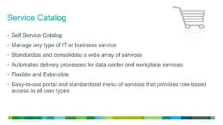 © 2013 Cisco and/or its affiliates. All rights reserved. Cisco Confidential 16
• Self Service Catalog
• Manage any type of IT or business service
• Standardize and consolidate a wide array of services
• Automates delivery processes for data center and workplace services
• Flexible and Extensible
• Easy-to-use portal and standardized menu of services that provides role-based
access to all user types
 