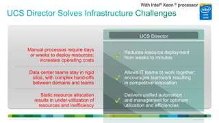 © 2013 Cisco and/or its affiliates. All rights reserved. Cisco Confidential 9
UCS Director
Manual processes require days
or weeks to deploy resources;
increases operating costs
Data center teams stay in rigid
silos, with complex hand-offs
between domains and teams
Static resource allocation
results in under-utilization of
resources and inefficiency
Reduces resource deployment
from weeks to minutes
Allows IT teams to work together;
encourages teamwork resulting
in competitive innovation
Delivers unified automation
and management for optimum
utilization and efficiencies
With Intel® Xeon ® processor
 
