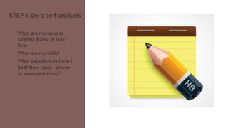 STEP 
1: 
Do 
a 
self-­‐analysis 
1. What 
are 
my 
natural 
talents? 
Name 
at 
least 
five. 
2. What 
are 
my 
skills? 
3. What 
experiences 
have 
I 
had? 
How 
have 
I 
grown 
or 
overcame 
them? 
 