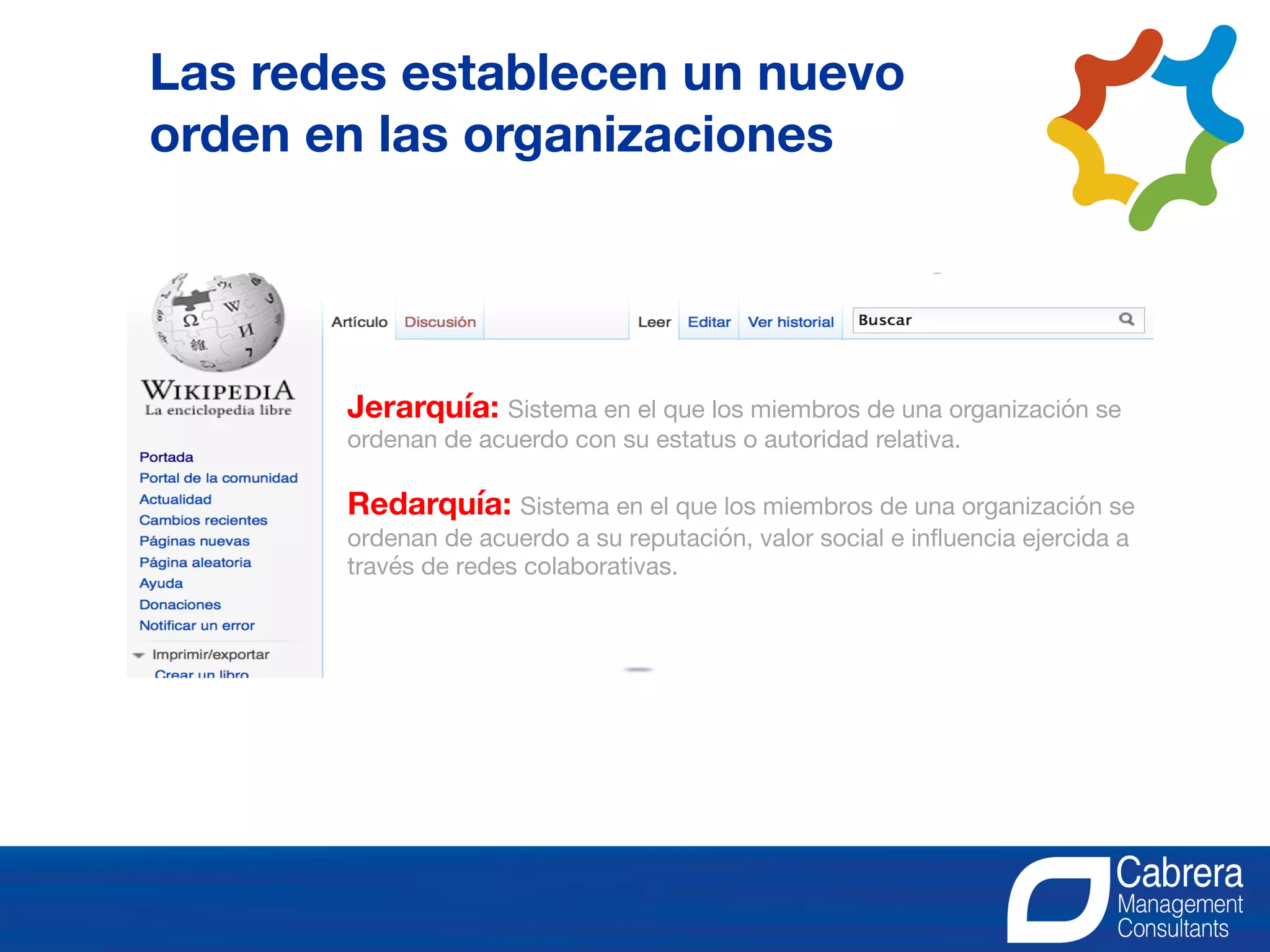 Jerarquía: Sistema en el que los miembros de una organización se
ordenan de acuerdo con su estatus o autoridad relativa.
Redarquía: Sistema en el que los miembros de una organización se
ordenan de acuerdo a su reputación, valor social e influencia ejercida a
través de redes colaborativas.
Las redes establecen un nuevo
orden en las organizaciones
 