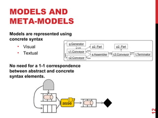 MODELS AND
META-MODELS
Models are represented using
concrete syntax
• Visual
• Textual
No need for a 1-1 correspondence
between abstract and concrete
syntax elements.
12
asse
 