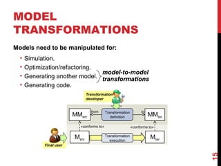 MODEL
TRANSFORMATIONS
Models need to be manipulated for:
• Simulation.
• Optimization/refactoring.
• Generating another model.
• Generating code.
15
MMsrc MMtar
Msrc Mtar
Transformation
definition
from to
«conforms to» «conforms to»
Transformation
execution
Transformation
developer
Final user
model-to-model
transformations
 