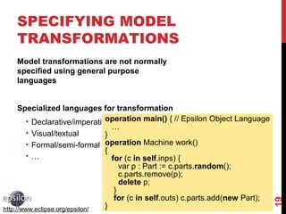 SPECIFYING MODEL
TRANSFORMATIONS
19
Model transformations are not normally
specified using general purpose
languages
Specialized languages for transformation
• Declarative/imperative
• Visual/textual
• Formal/semi-formal
• …
operation main() { // Epsilon Object Language
…
}
operation Machine work()
{
for (c in self.inps) {
var p : Part := c.parts.random();
c.parts.remove(p);
delete p;
}
for (c in self.outs) c.parts.add(new Part);
}http://www.eclipse.org/epsilon/
 
