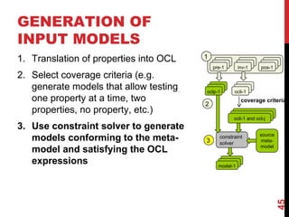 45
1. Translation of properties into OCL
2. Select coverage criteria (e.g.
generate models that allow testing
one property at a time, two
properties, no property, etc.)
3. Use constraint solver to generate
models conforming to the meta-
model and satisfying the OCL
expressions
GENERATION OF
INPUT MODELS
pre-1 inv-1
coverage criteria
1
2
pos-1
ocli-1oclp-1
ocli-1 and ocl-j
constraint
solver3
model-1
source
meta-
model
 