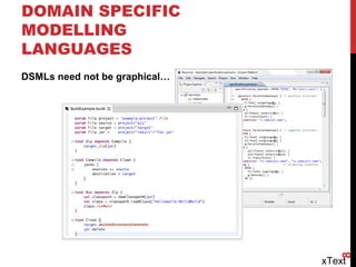 DOMAIN SPECIFIC
MODELLING
LANGUAGES
DSMLs need not be graphical…
xText
8
 