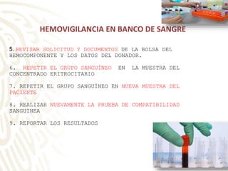 5. REVISAR SOLICITUD Y DOCUMENTOS DE LA BOLSA DEL
HEMOCOMPONENTE Y LOS DATOS DEL DONADOR.
6. REPETIR EL GRUPO SANGUÍNEO EN LA MUESTRA DEL
CONCENTRADO ERITROCITARIO
7. REPETIR EL GRUPO SANGUÍNEO EN NUEVA MUESTRA DEL
PACIENTE
8. REALIZAR NUEVAMENTE LA PRUEBA DE COMPATIBILIDAD
SANGUINEA
9. REPORTAR LOS RESULTADOS
HEMOVIGILANCIA EN BANCO DE SANGRE
 