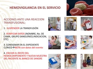 ACCIONES ANTE UNA REACCION
TRANSFUSIONAL:
1 . SUSPENDER LA TRANSFUSIÓN
2. VERIFICAR DATOS (NOMBRE, No. DE
CAMA, GRUPO SANGUÍNEO,INDICACION,
ETC)
3. CONSIGNAR EN EL EXPEDIENTE
CLÍNICONOTA con datos del evento
4. ENVIAR EL RESTO DEL
HEMOCOMPONENTE Y NUEVA MUESTRA
DEL PACIENTE AL BANCO DE SANGRE
HEMOVIGILANCIA EN EL SERVICIO
 