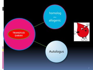 homolog
               atau

            allogenic


TRANSFUSI
  DARAH




            Autologus



                        7
 