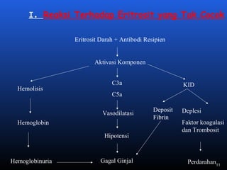 I. Reaksi Terhadap Eritrosit yang Tak Cocok
Eritrosit Darah + Antibodi Resipien
Aktivasi Komponen
Hemolisis
Hemoglobin
C3a
C5a
Vasodilatasi
Hipotensi
Gagal Ginjal
KID
Deposit
Fibrin
Deplesi
Faktor koagulasi
dan Trombosit
PerdarahanHemoglobinuria 11
 