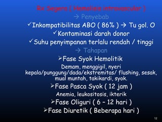 Rx Segera ( Hemolisis intravascular )
 Penyebab
Inkompatibilitas ABO ( 86% )  Tu gol. O
Kontaminasi darah donor
Suhu penyimpanan terlalu rendah / tinggi
 Tahapan
Fase Syok Hemolitik
Demam, menggigil, nyeri
kepala/punggung/dada/ekstremitas/ flushing, sesak,
mual muntah, takikardi, syok.
Fase Pasca Syok ( 12 jam )
Anemia, leukositosis, ikterik
Fase Oliguri ( 6 – 12 hari )
Fase Diuretik ( Beberapa hari )
12
 